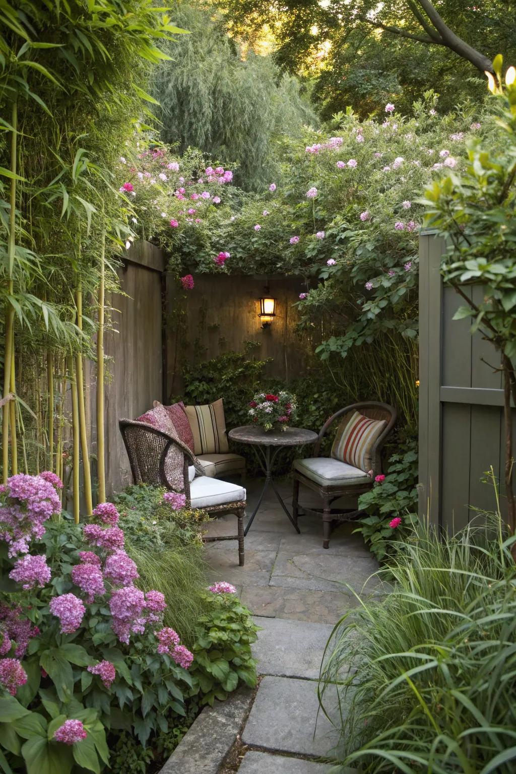 An intimate garden nook provides a cozy and private retreat.