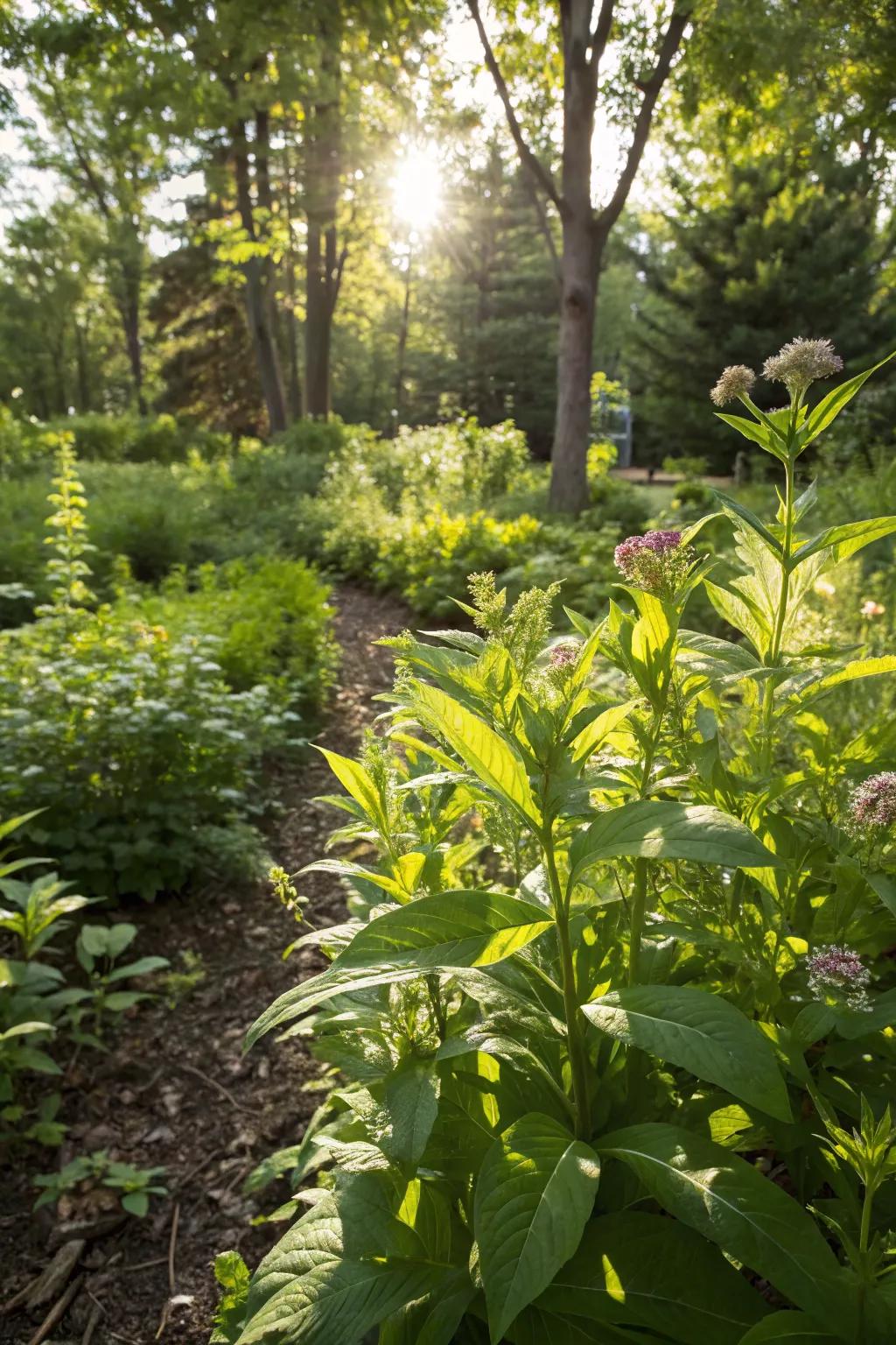 Poke milkweed thriving in a shaded garden area.