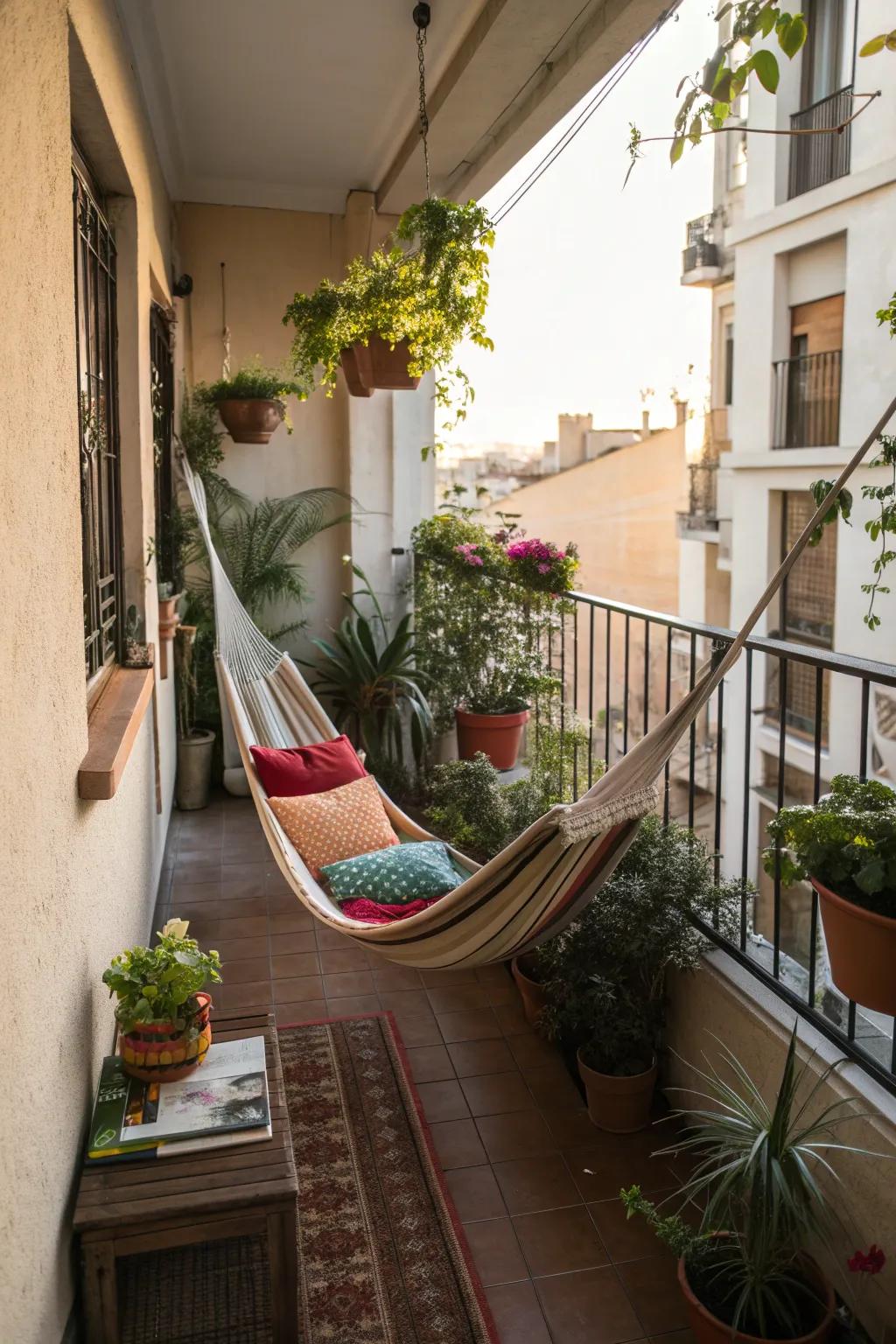 Relax in style with a compact hammock on your balcony.
