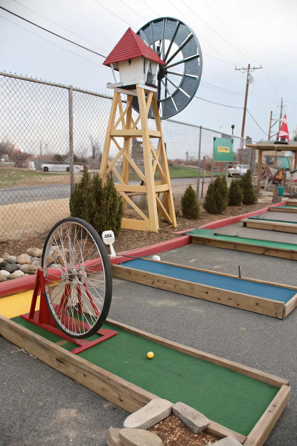 A creative mini golf course featuring unique DIY obstacles crafted from repurposed items.