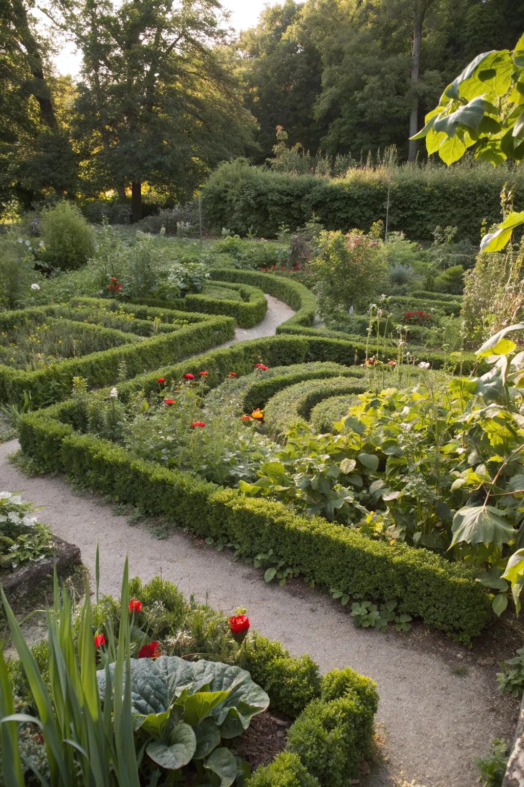 An edible garden labyrinth offers both beauty and bounty.