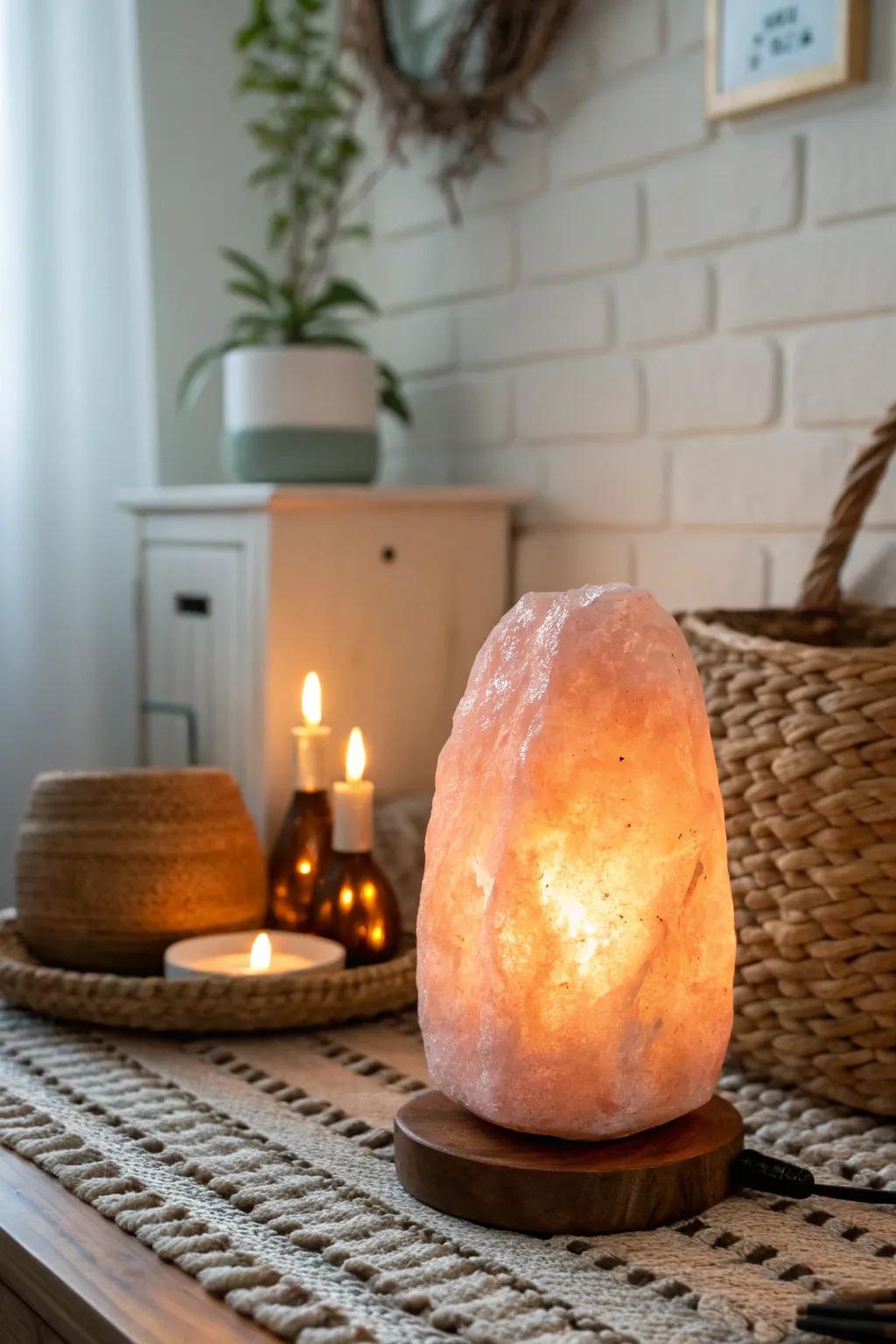 A salt lamp offers warmth and ambiance to your spa.
