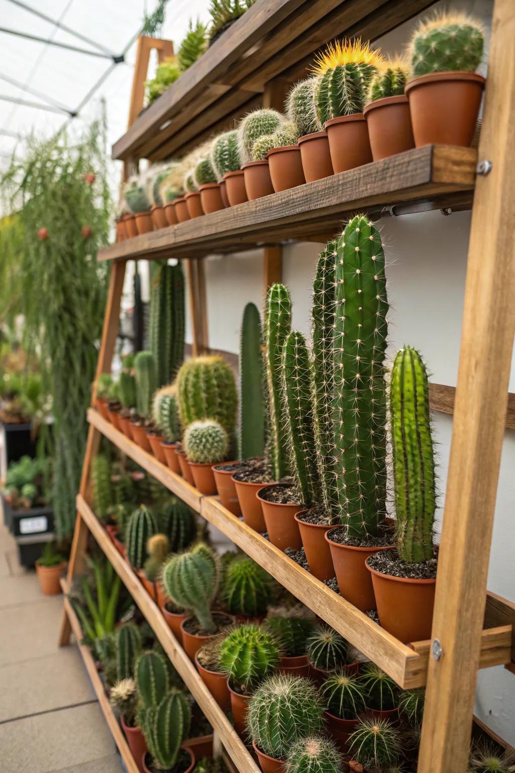 A vertical cactus garden maximizing space and visual interest.