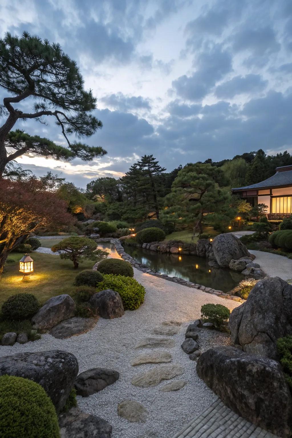 Tranquil lighting creates an inviting atmosphere in the evening.