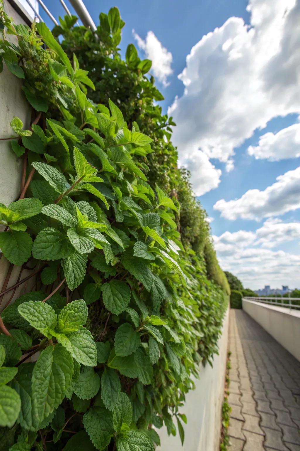 A vibrant living wall filled with mint plants.