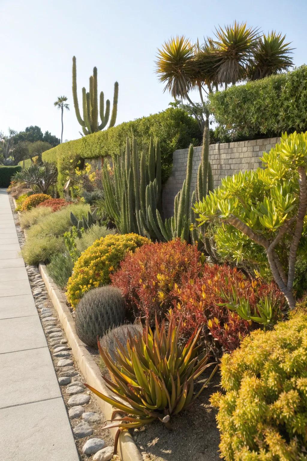 A mixed hedge with drought-resistant plants in a sunny garden.