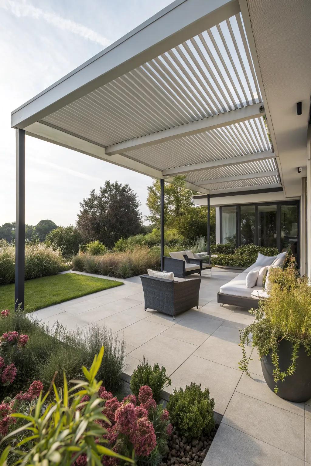 Louvered awnings offer versatile control over light and ventilation.