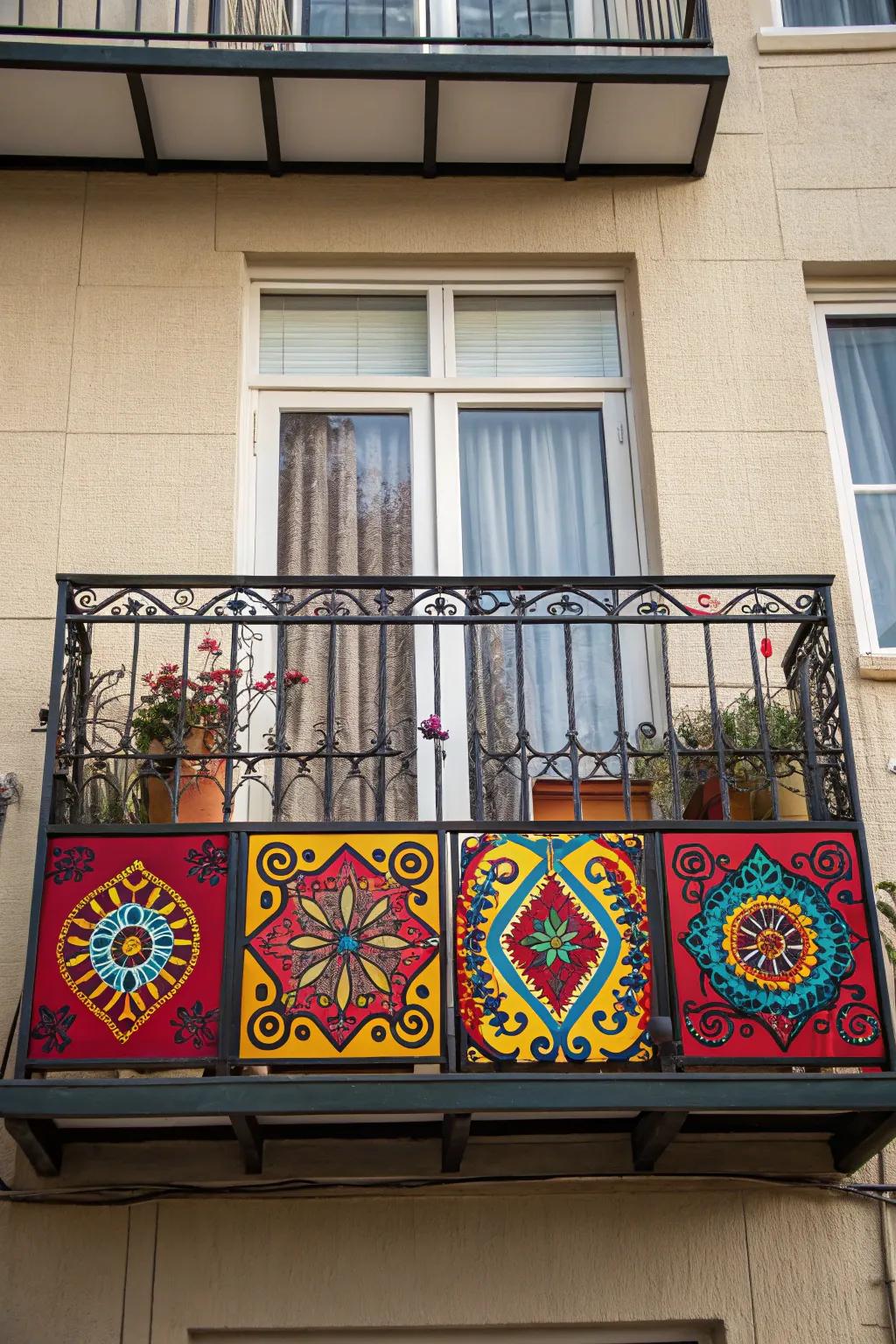 Colorful balcony grill, adding vibrancy and personality to the space.