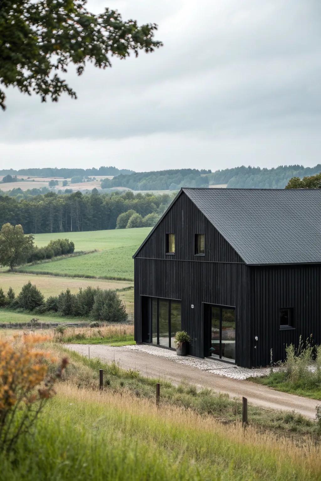 A bold black exterior adds drama and modernity to the barn house.