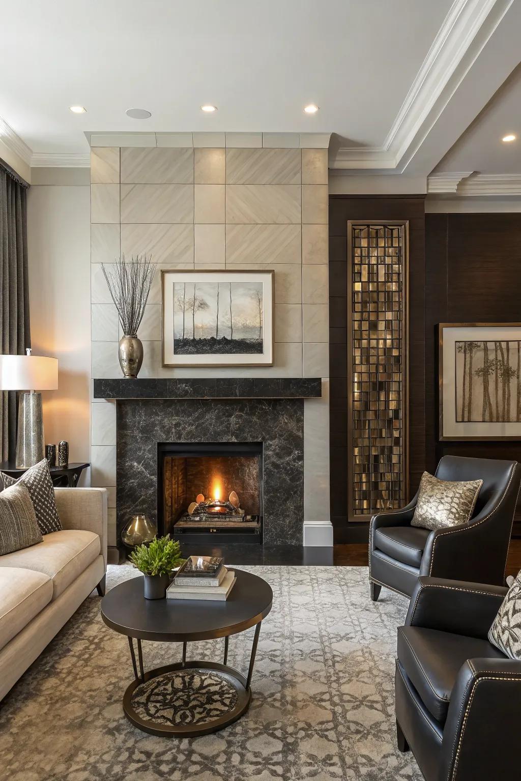 Bold materials create a striking modern fireplace.