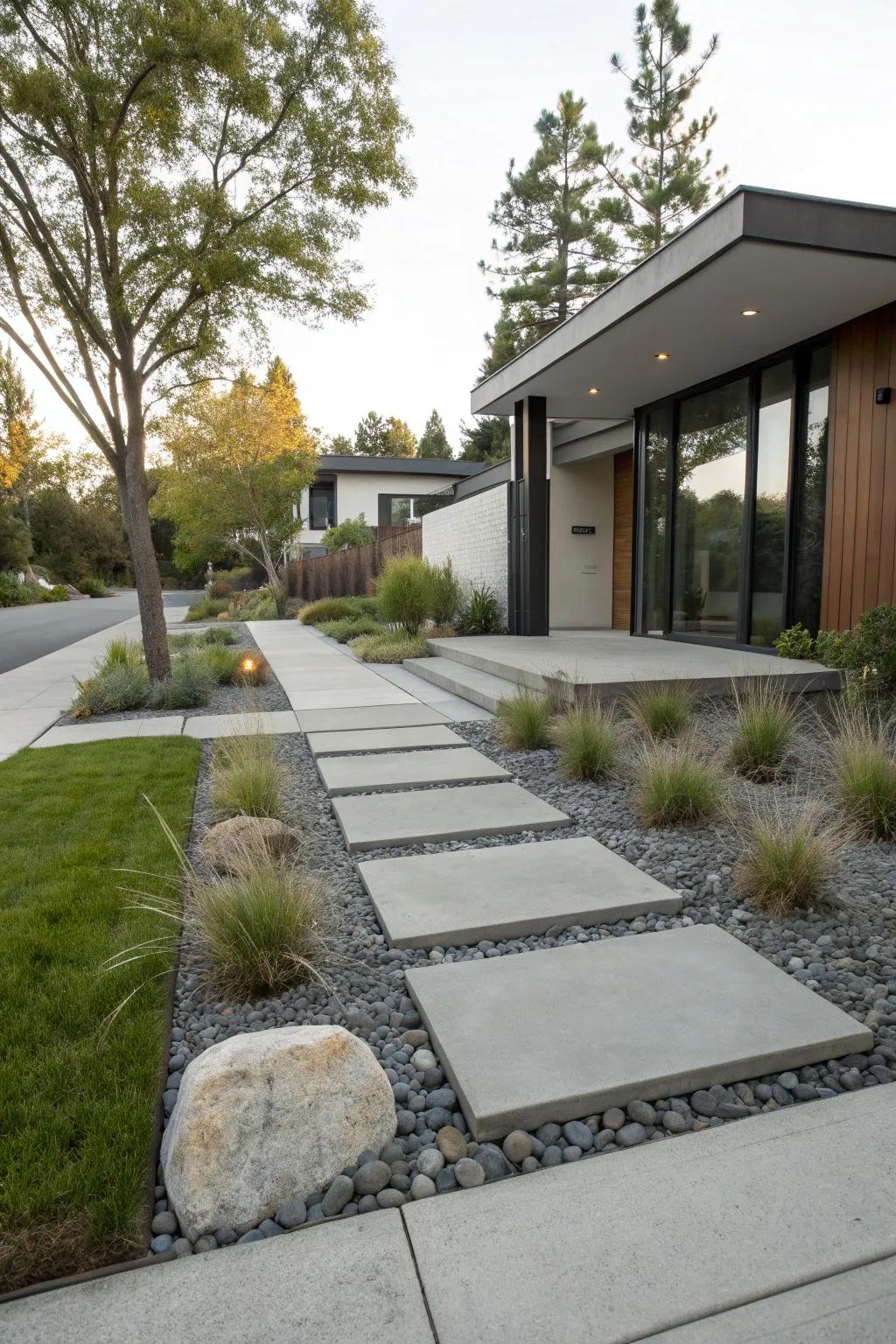 Concrete and gravel create a chic, low-maintenance yard.