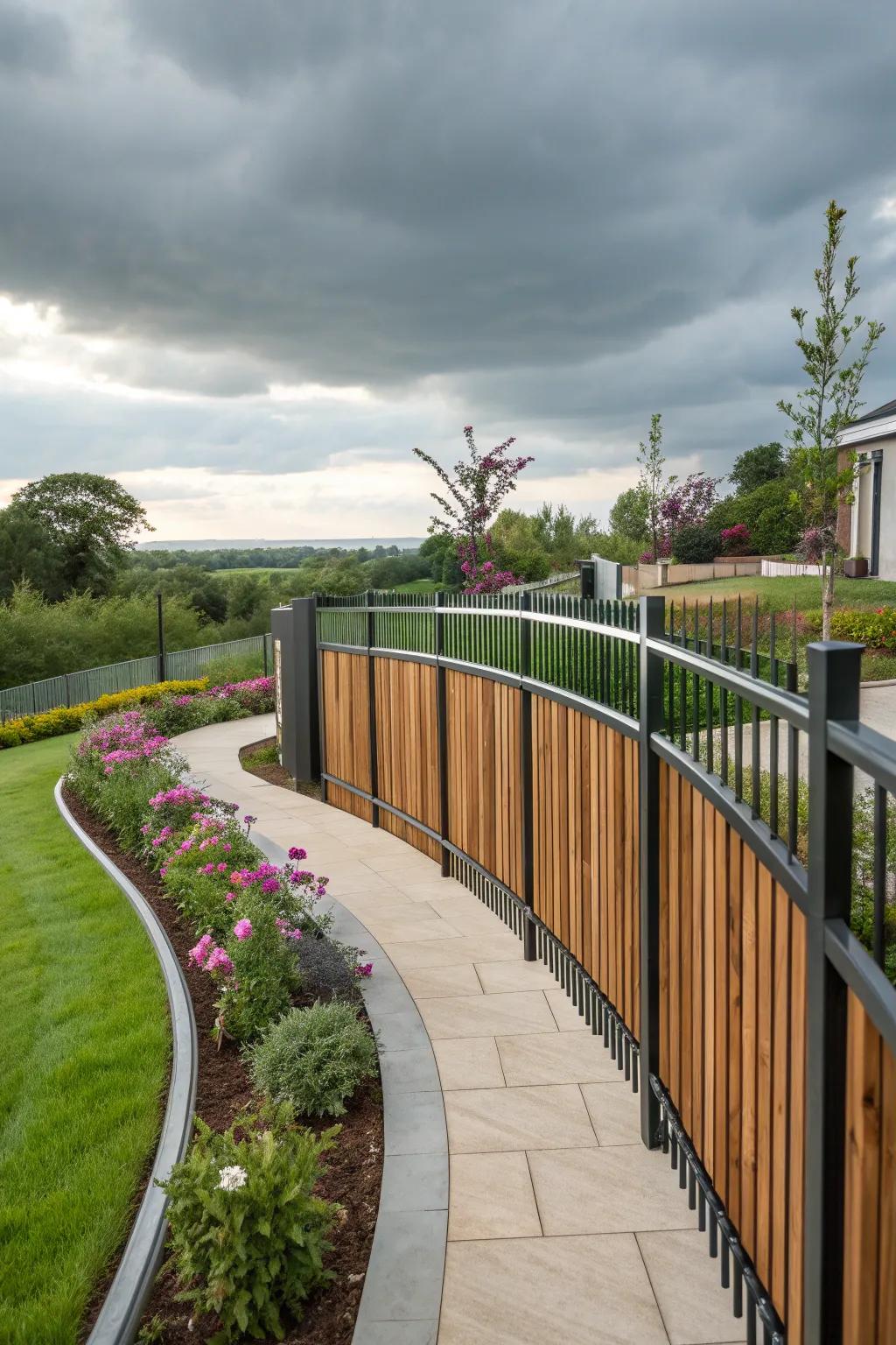 A modern curved fence with contrasting materials, making a bold statement in a garden.
