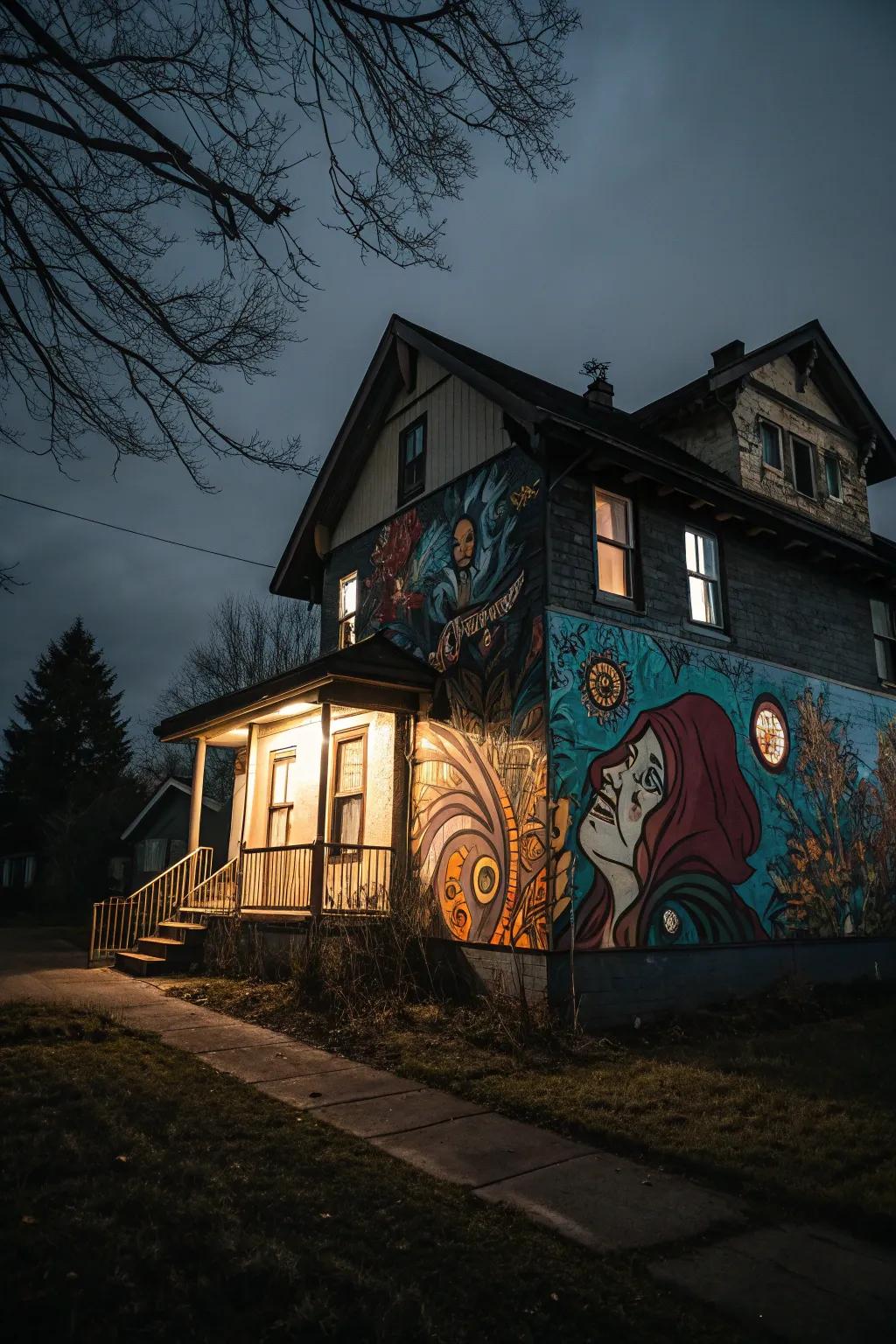 A dark exterior enhanced by a vibrant wall mural.