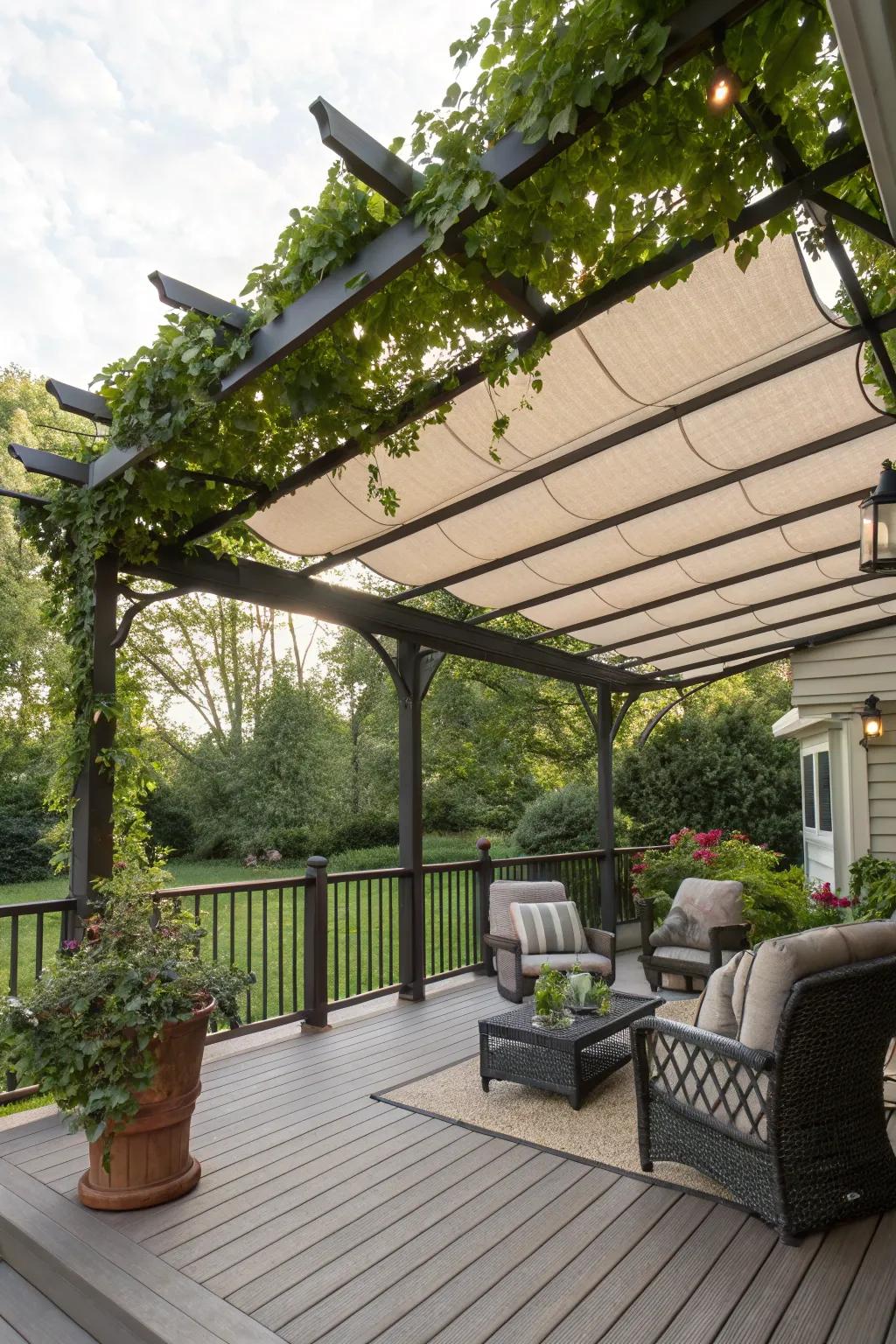 A retractable canopy offers adaptable shade options.