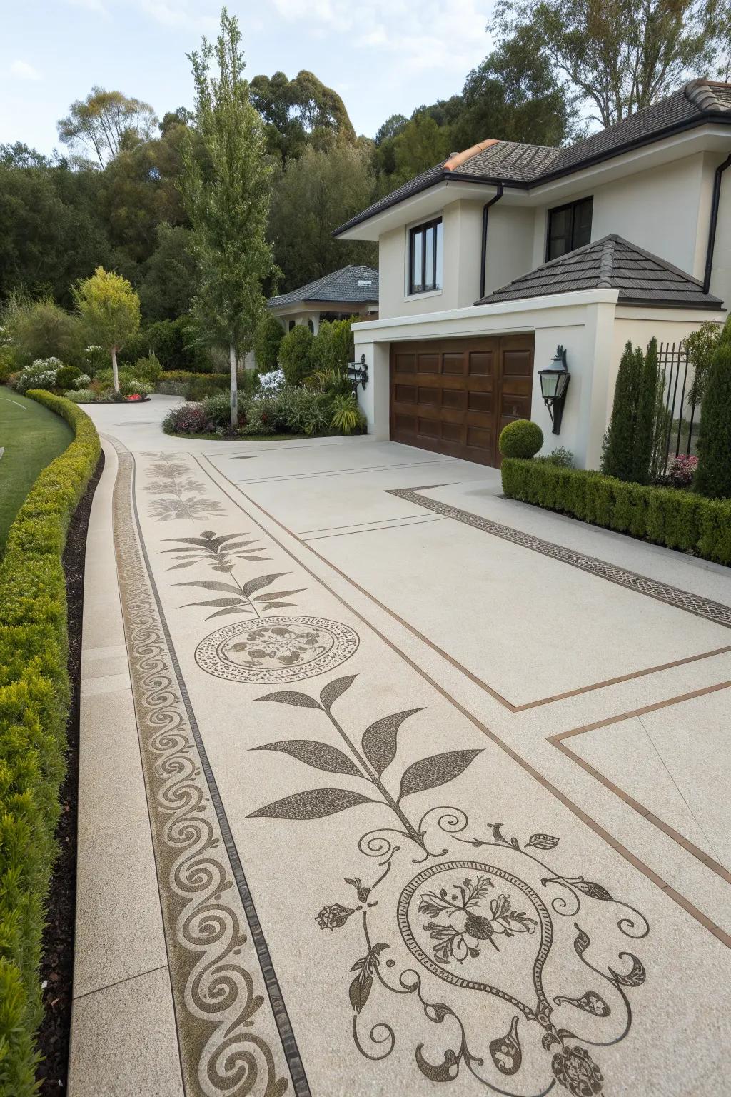 A driveway featuring custom artistic inlays for a stunning look.