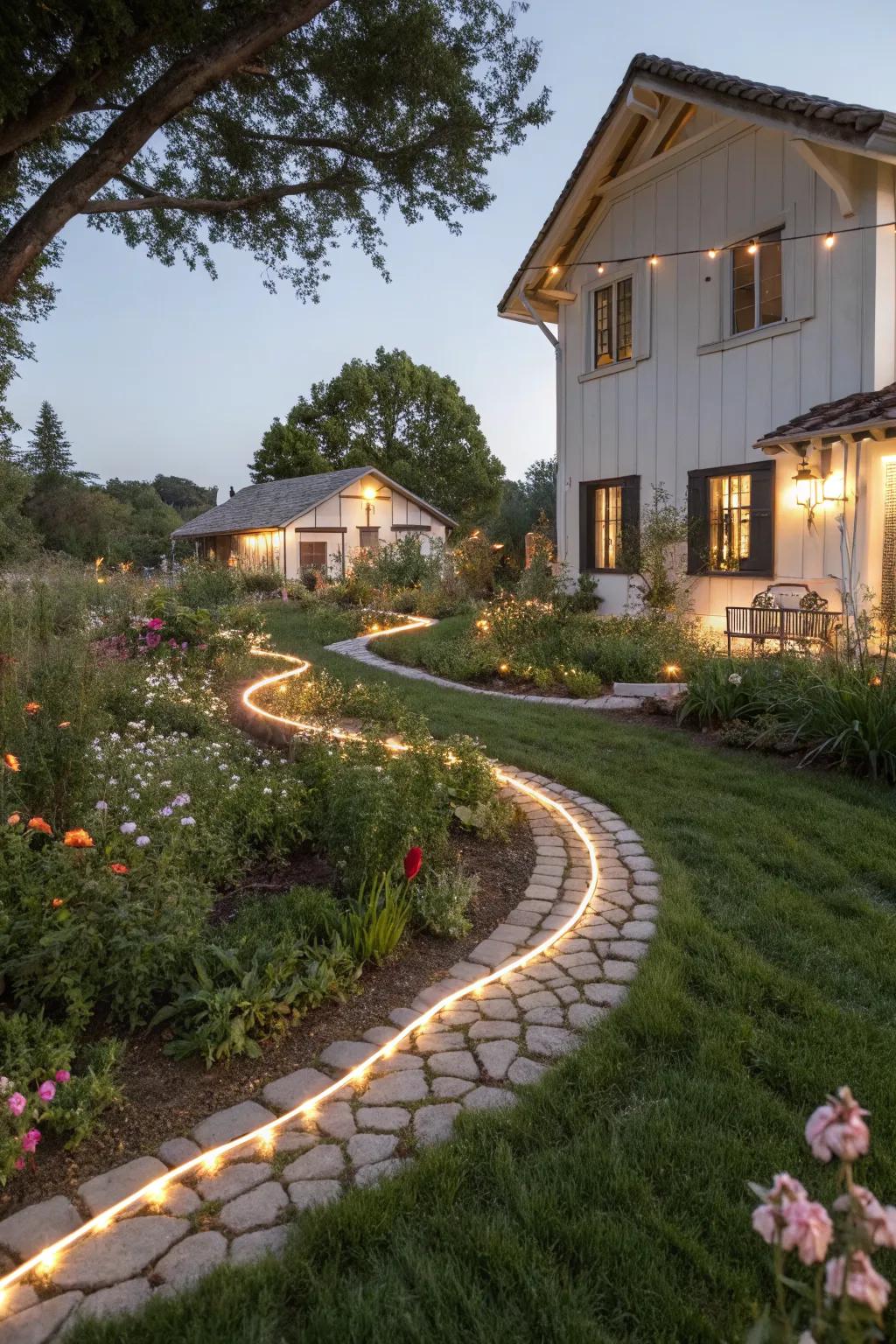 Rope lights add a whimsical and artistic flair to this garden path.