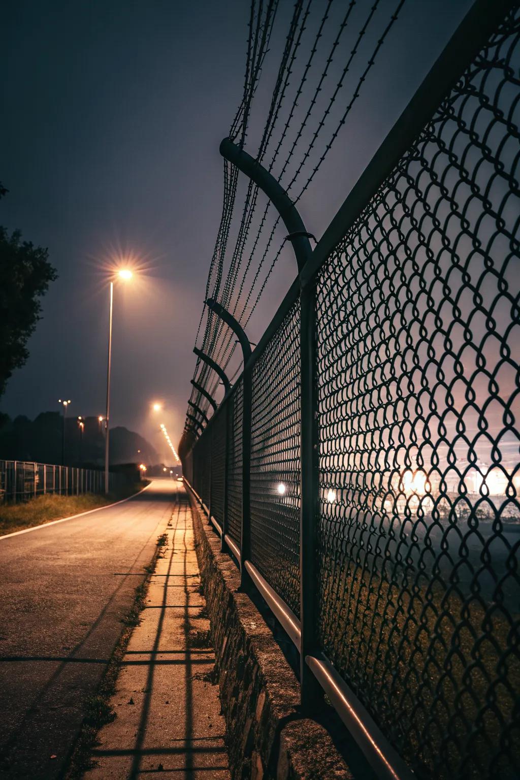 Uplighting accentuates the design of a metal fence beautifully.
