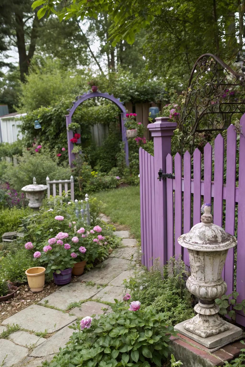 Vintage violet fences add a bold and creative touch to gardens.