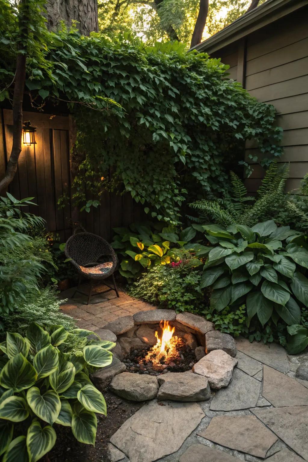 A secluded oasis with a hidden fire pit.