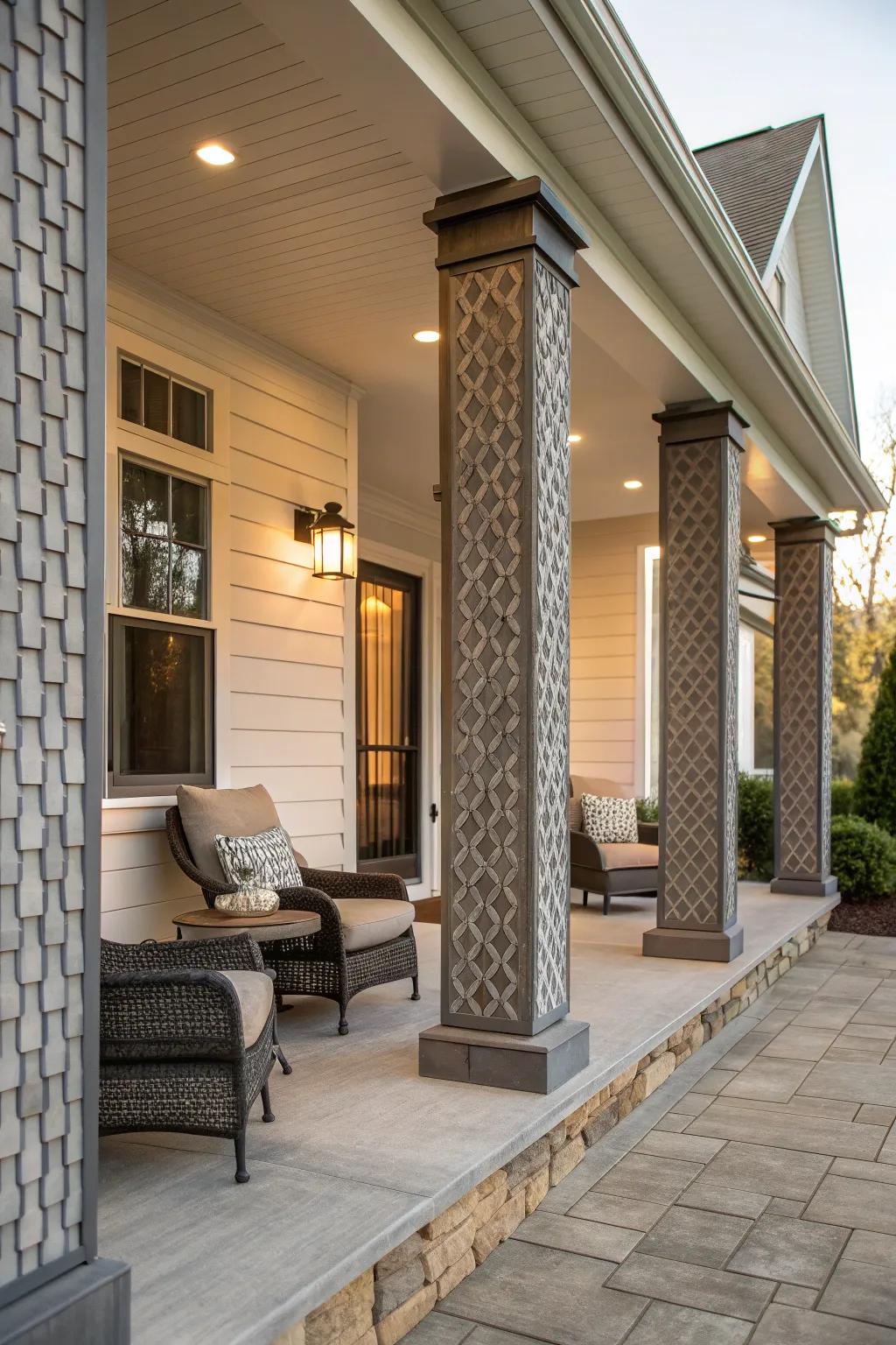 Textured columns add depth to this modern porch.
