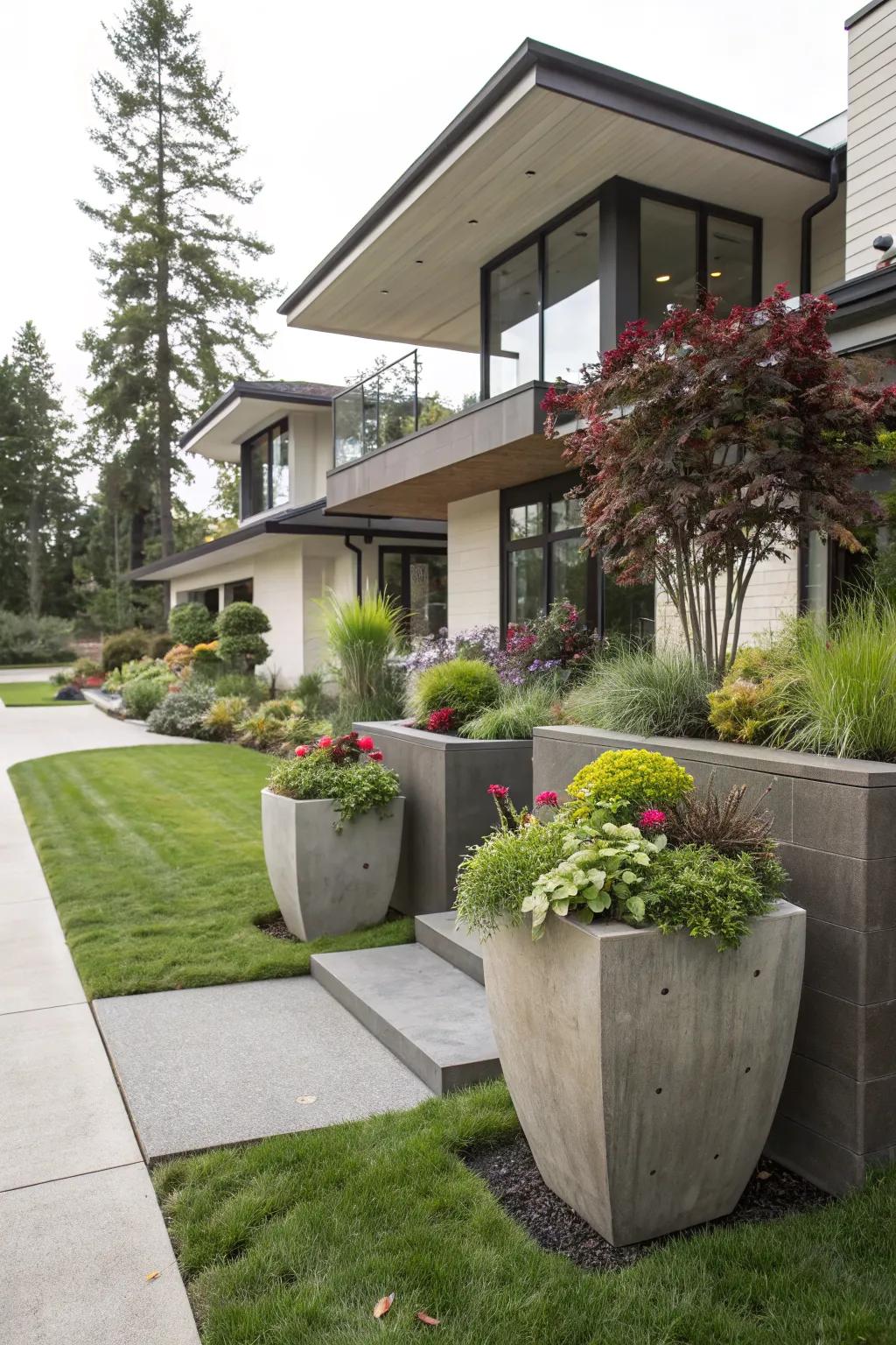 Sculptural planters add height and interest.