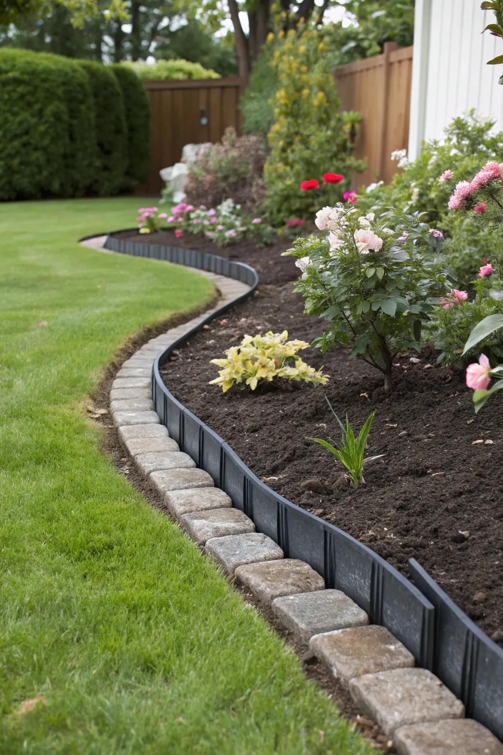 Recycled rubber edging offers eco-friendly flexibility and durability.