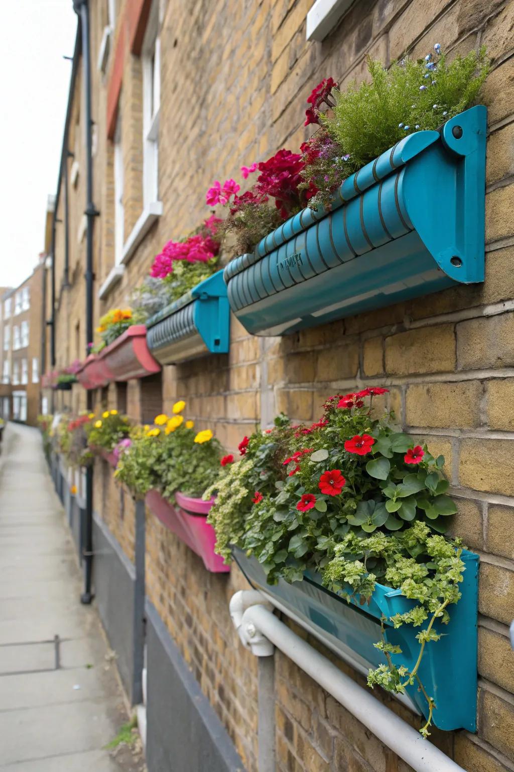 Painted guttering planters brighten up garden walls.