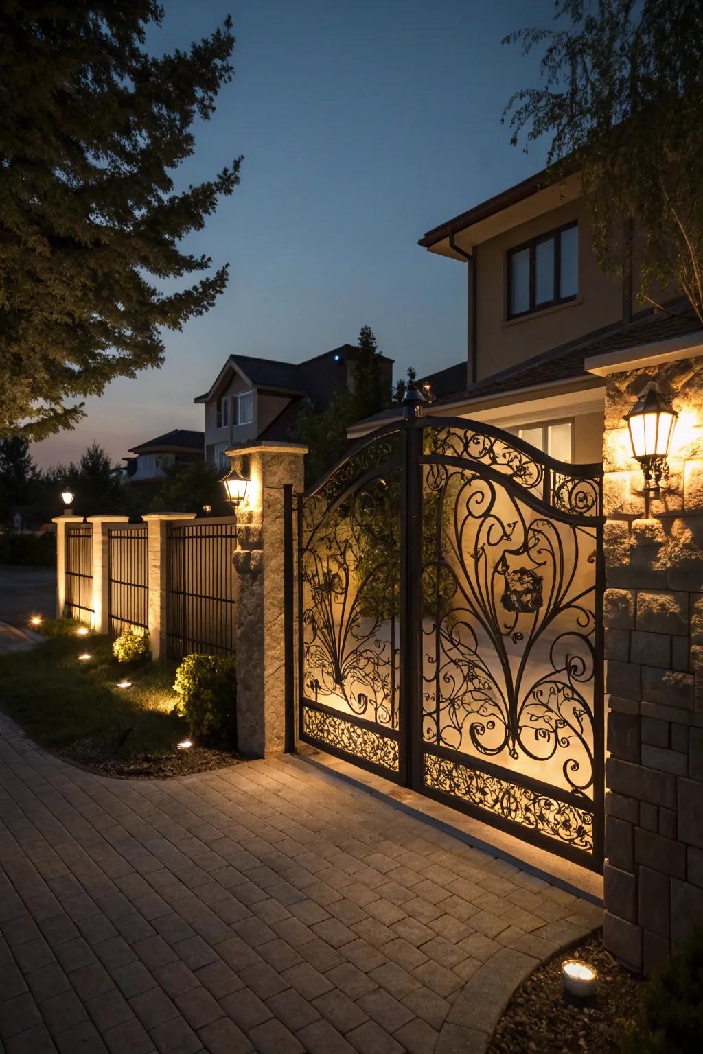 A gate with dynamic lighting for nighttime ambiance.
