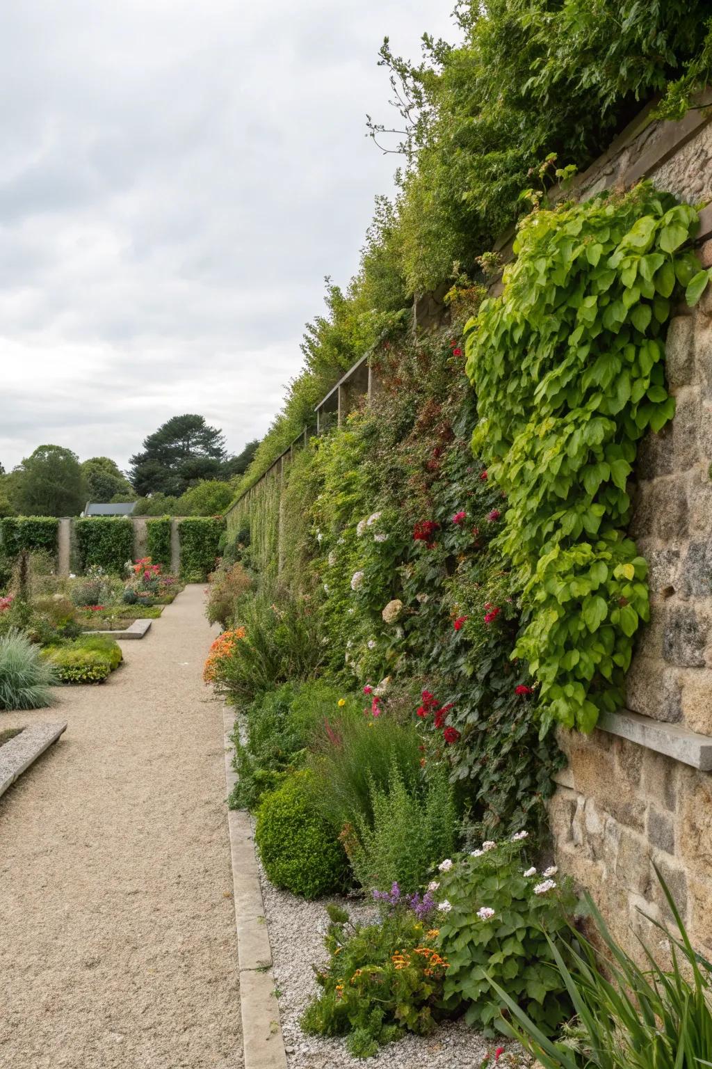 An unexpected vertical garden enhancing a gravel garden.
