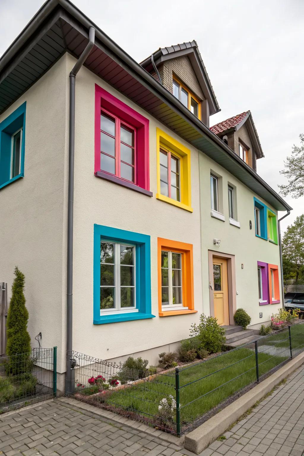 A modern house with vibrant window frames adding a playful touch.
