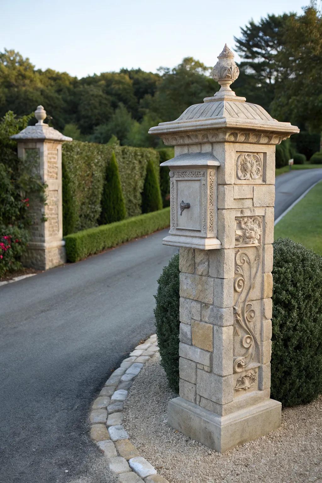 Stone pillars provide a grand and durable mailbox post design.