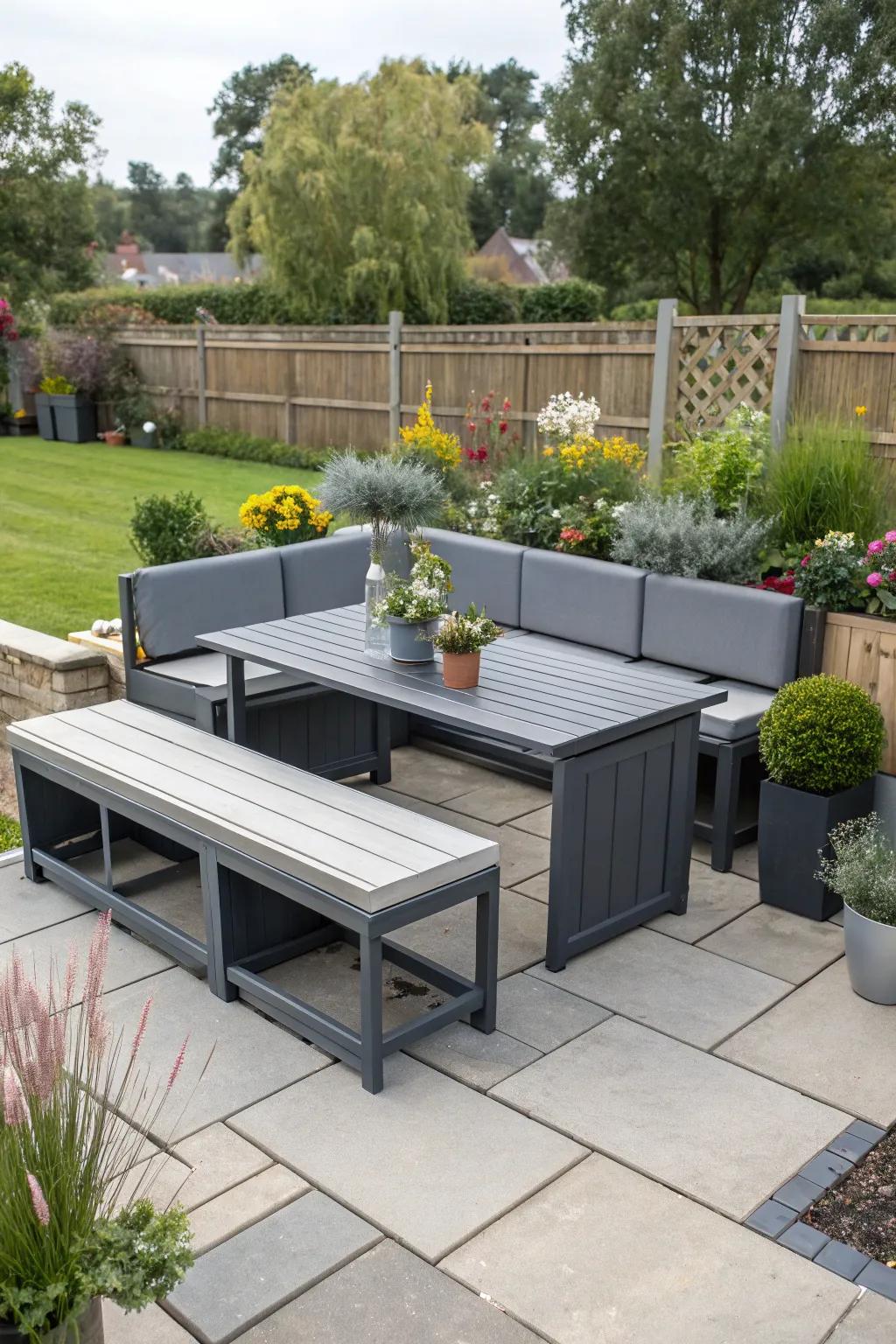 A modular bench system providing flexibility and style on the patio.