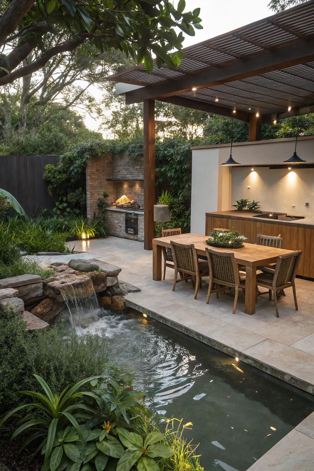 Water features add a tranquil and soothing element to outdoor kitchens.