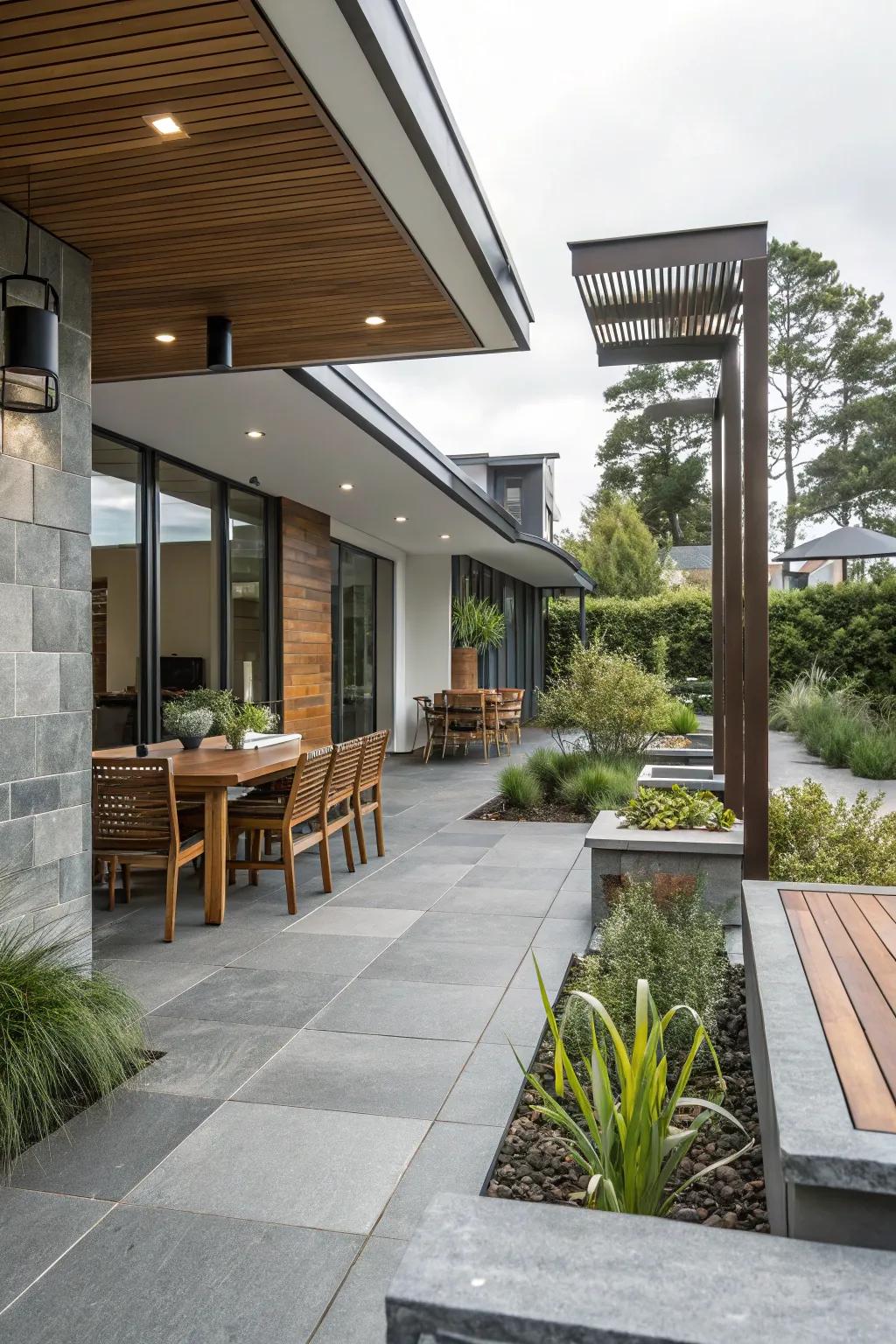A dynamic patio with a mix of materials.