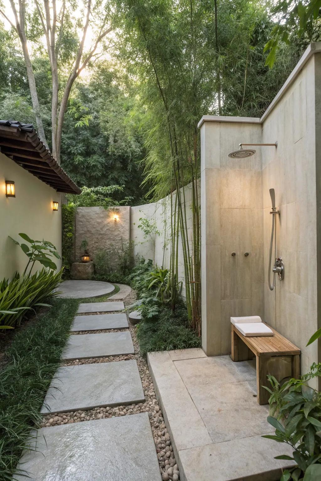 A Zen-inspired outdoor shower for ultimate relaxation.