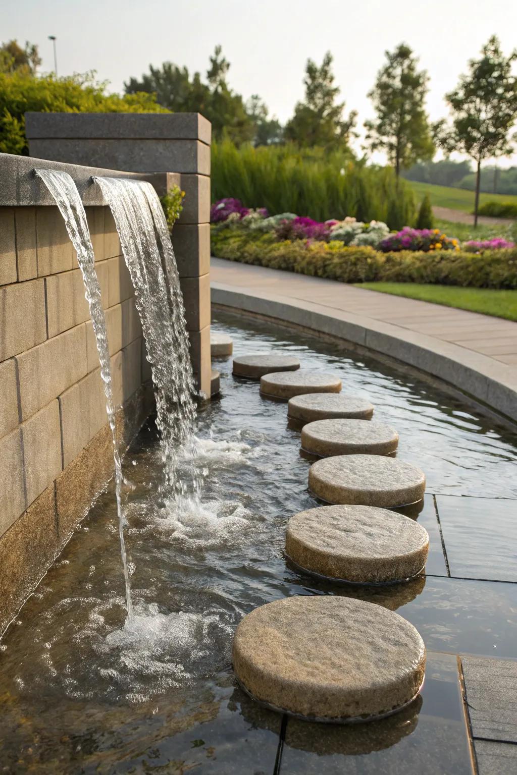 Interactive water wall with stepping stones, inviting playful engagement.