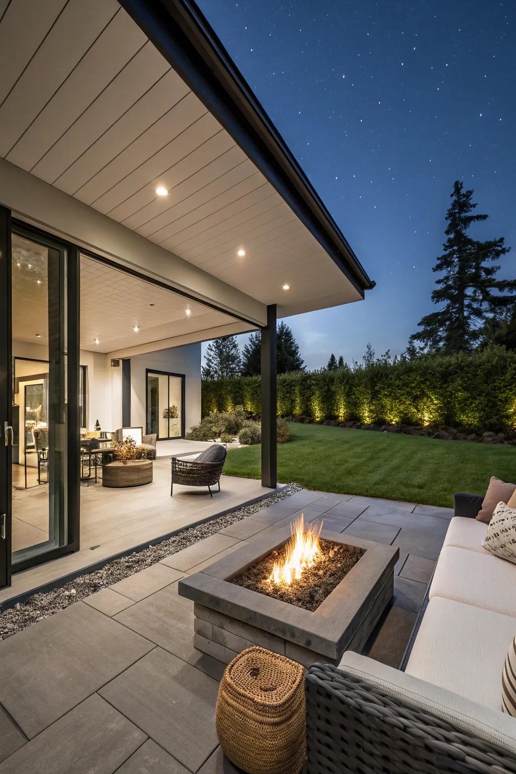 A modern porch featuring a cozy fire pit.