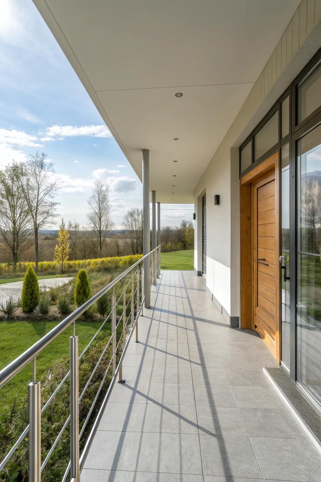 Minimalist metal railings offer a clean and chic look.