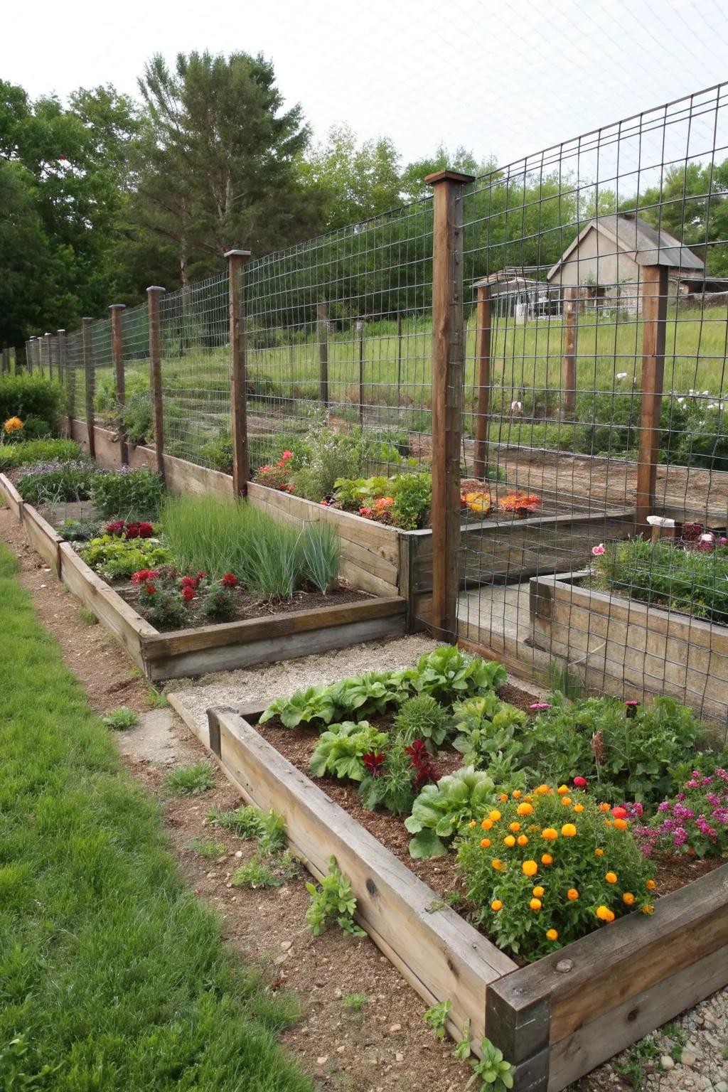 Create depth with layered landscaping and wire fencing.