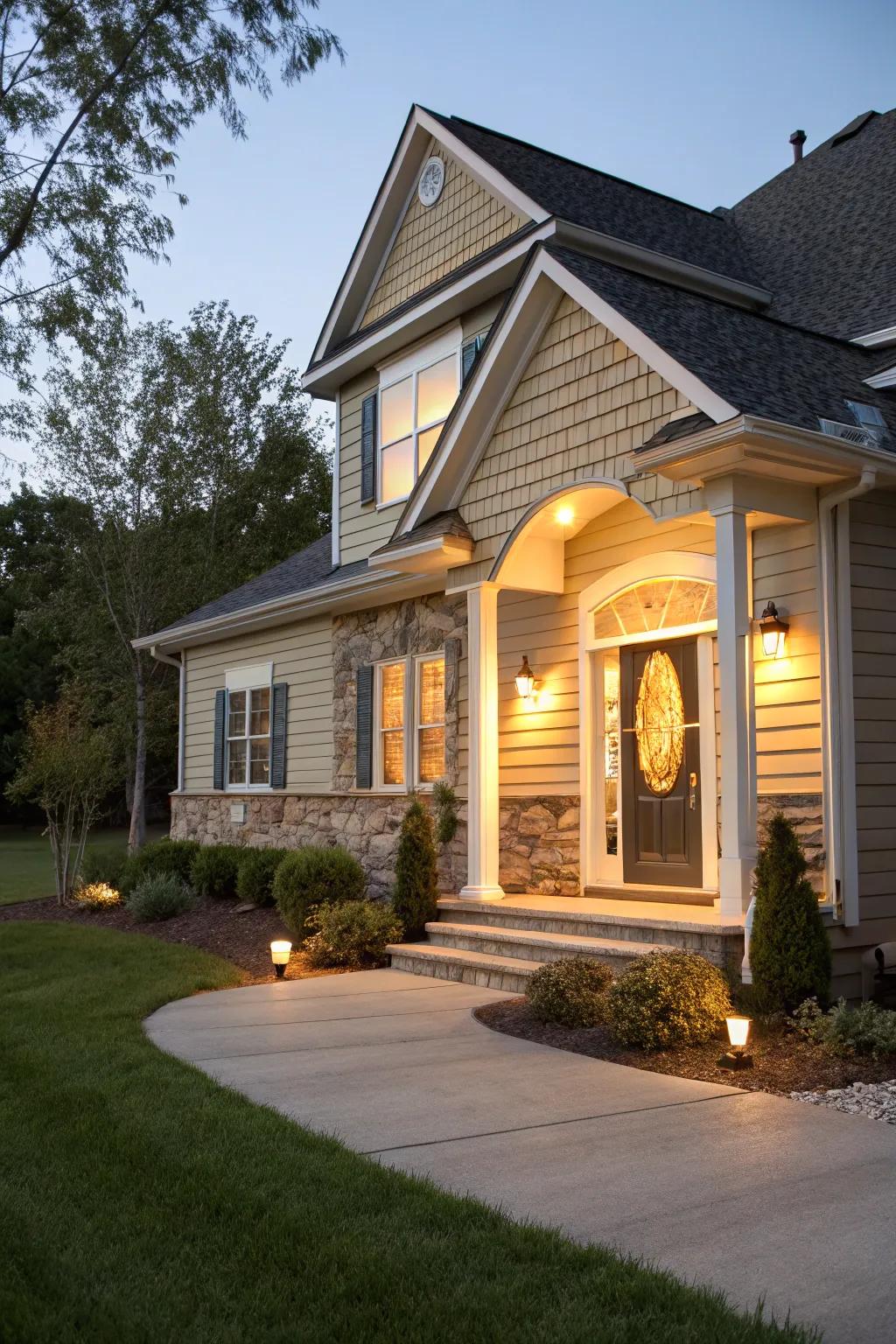 Accented vinyl siding makes entryways stand out.