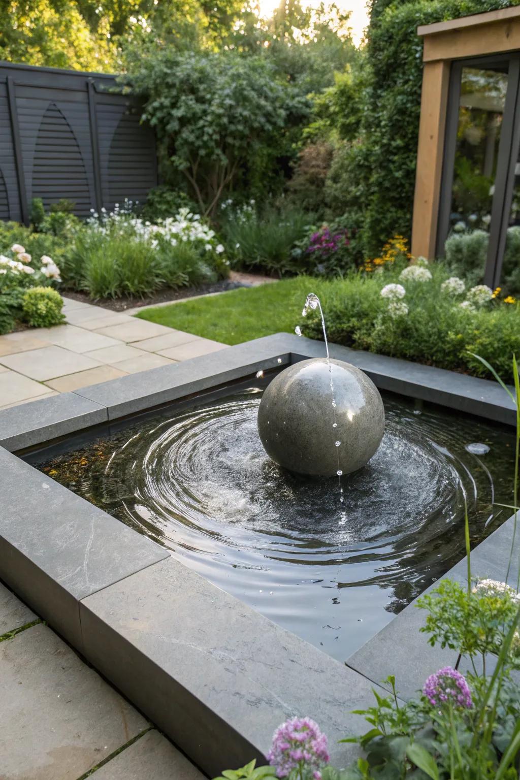 A floating sphere fountain adds a modern twist.
