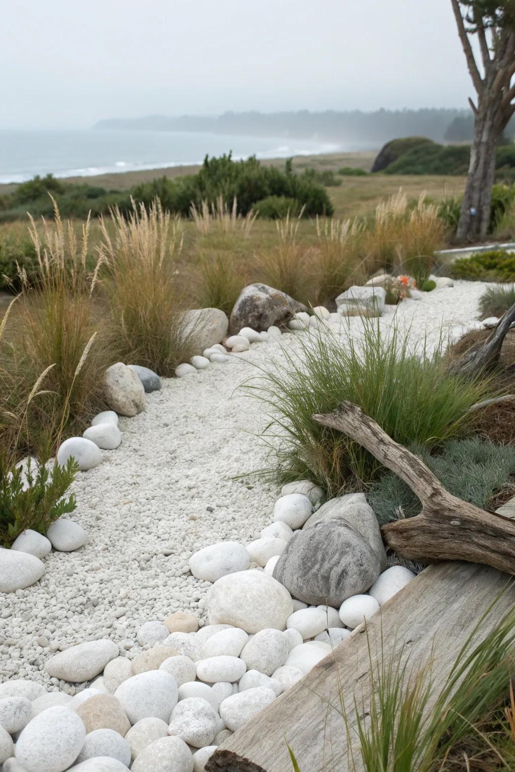 Create a coastal vibe with white pebbles in your garden.