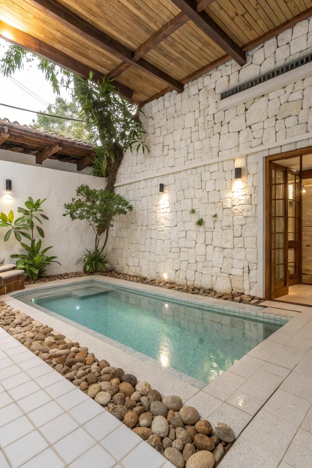 A tranquil oasis with white tiles and natural elements.
