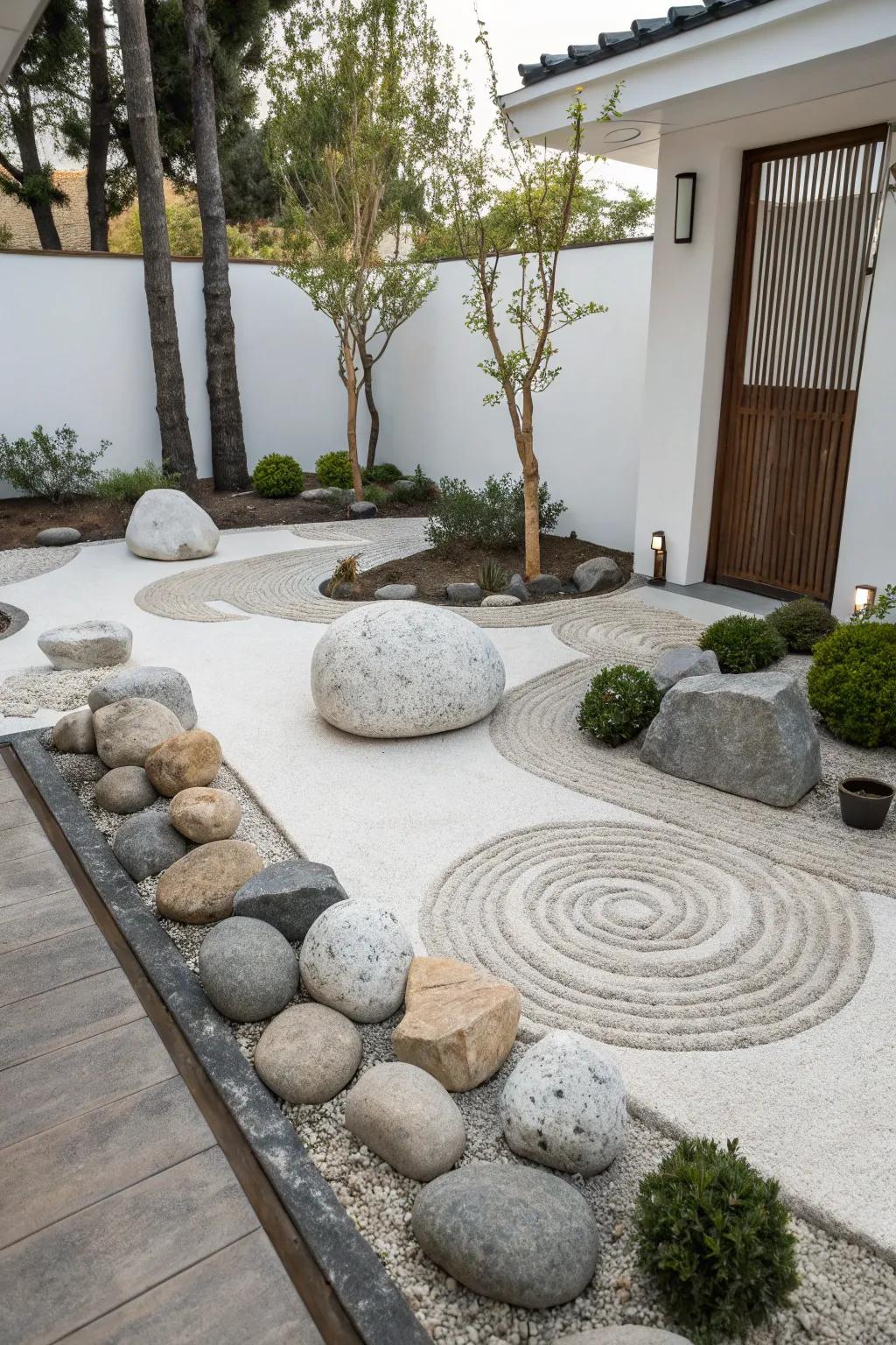 Stone arrangements create unique interest in a Zen garden.