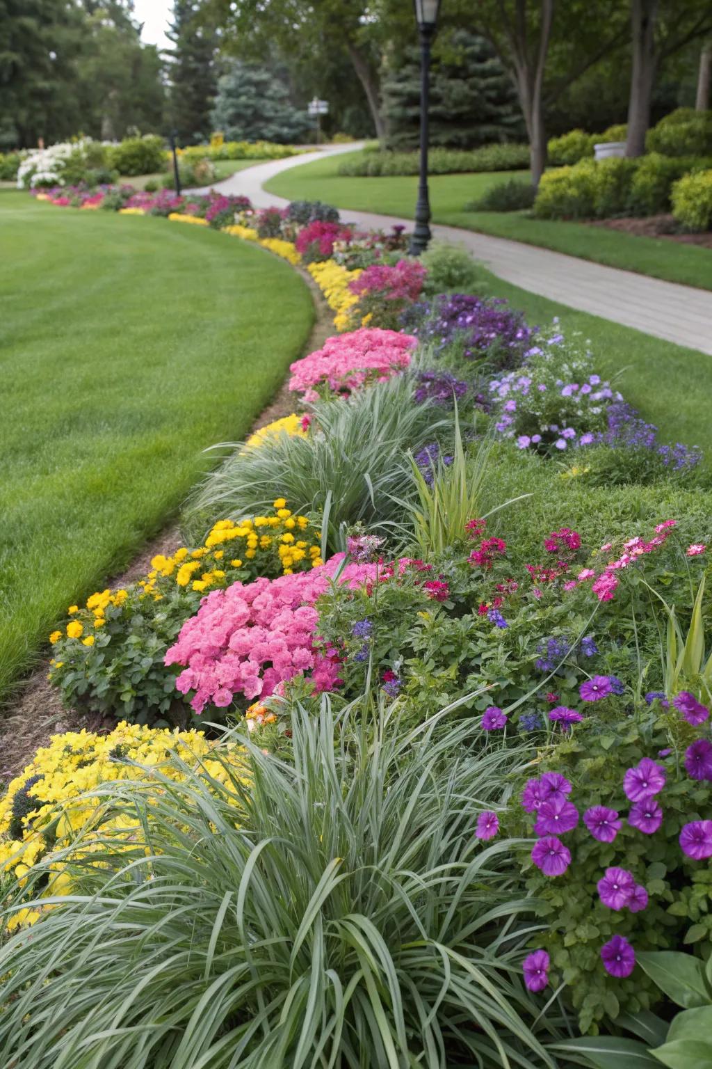 Mondo grass and vibrant flowers create a dynamic, textured garden scene.