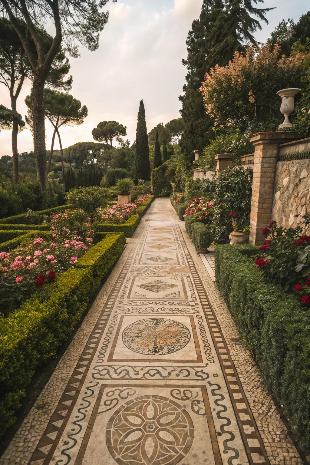 A traditional mosaic pathway that exudes historic charm and classic elegance.