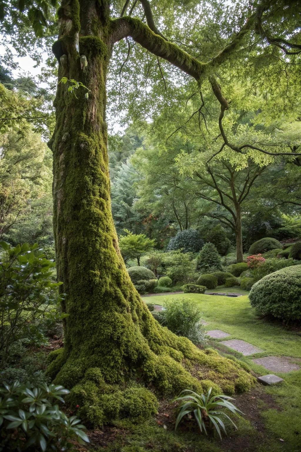 A tree trunk beautifully covered with moss, enhancing the woodland garden's charm.