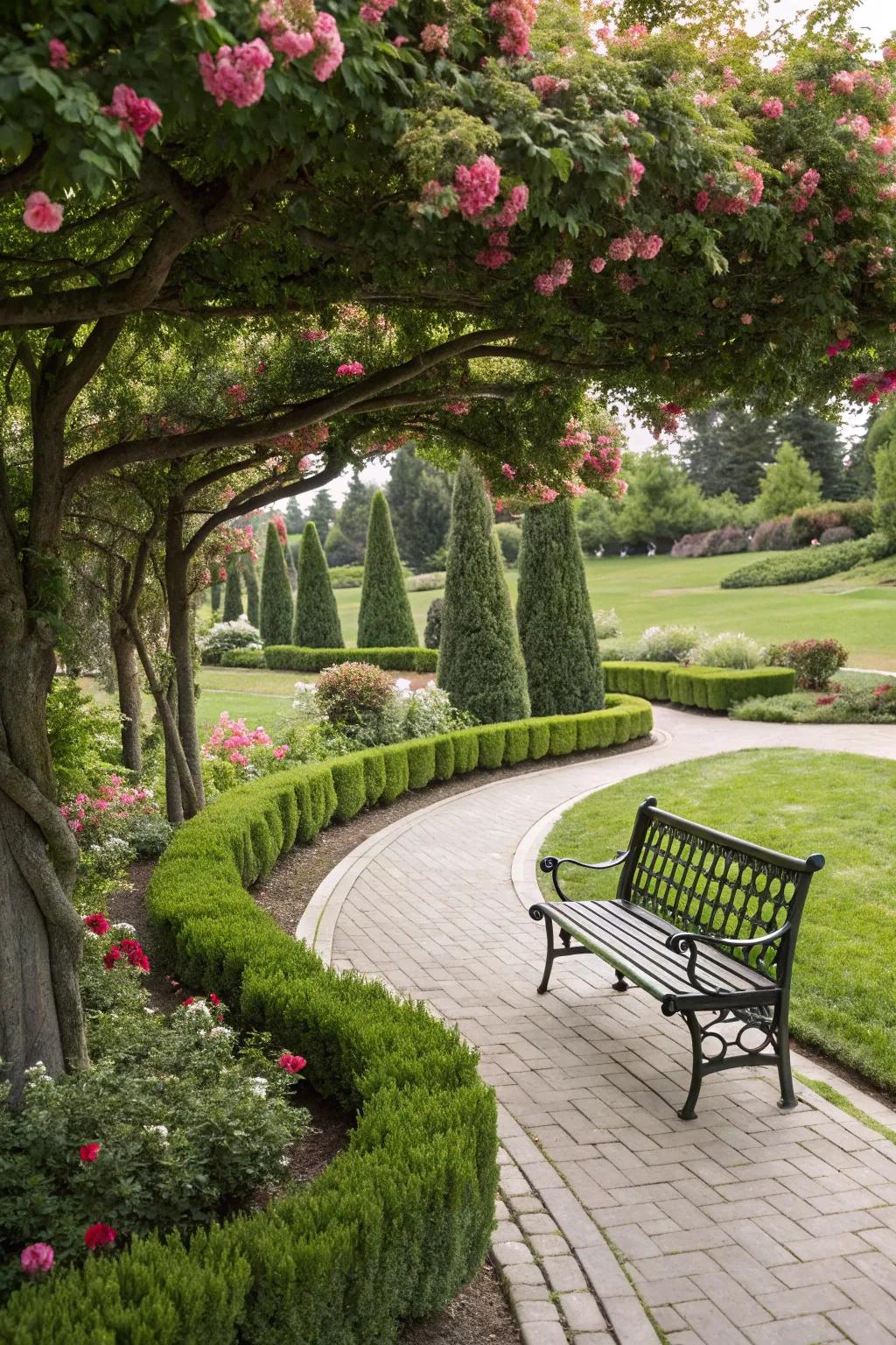 Create elegant walkway edges with mugo pines.