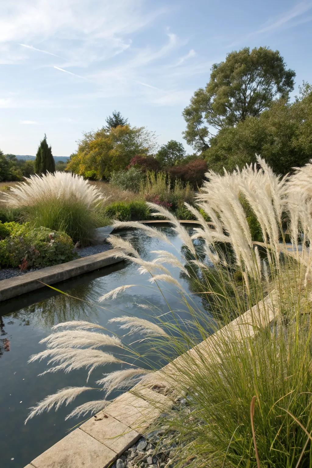 Muhly grass enhances the beauty of garden water features.