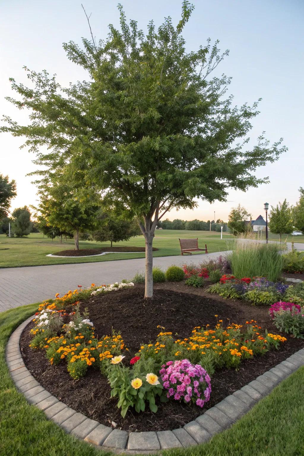 A wildflower edge around mulch adds color and charm.